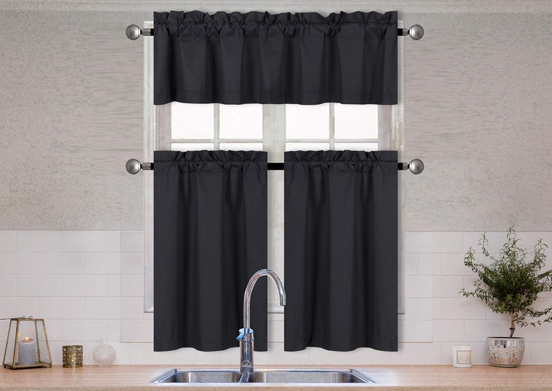 Better Home Style 3 Piece Solid Color 100% Blackout Kitchen Window Curtain Set with Tiers and Valance Solid Energy Efficient Thermal Room Darkening Drape Window Treatment # MKC (Black) - Image 1